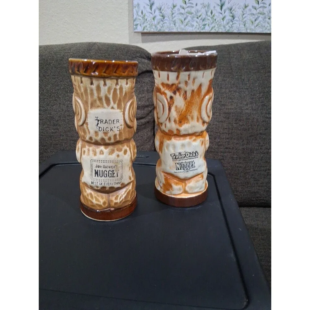 Vintage 1960s MCM Tiki, Tumbler Mug Cup, Trader Dick's,  Brown 7” Lot Of 2